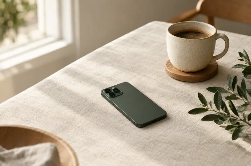 Mobiltelefon på et lyst linduk ved siden av en kaffekopp i morgenlys